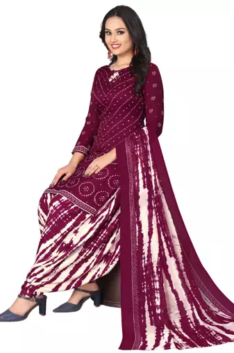 Unstitched printed crepe kurta & patiyala dress material with top, bottom & dupatta