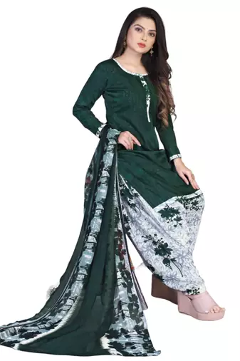 Unstitched printed crepe kurta & patiyala dress material with top, bottom & dupatta