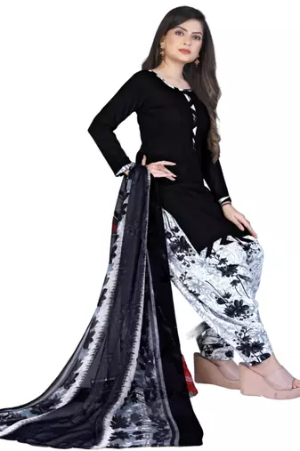 Unstitched printed crepe kurta & patiyala dress material with top, bottom & dupatta