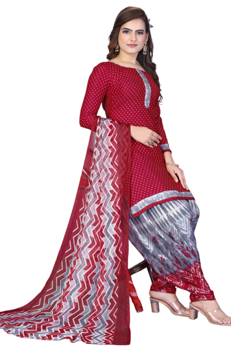 Unstitched printed crepe kurta & patiyala dress material with top, bottom & dupatta