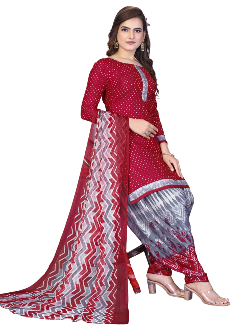 Unstitched printed crepe kurta & patiyala dress material with top, bottom & dupatta