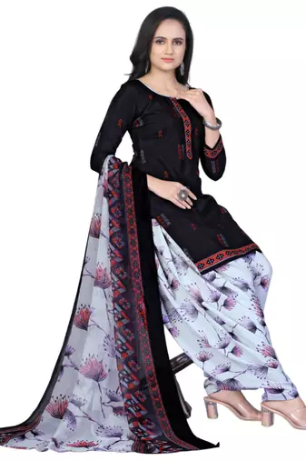 Unstitched printed crepe kurta & patiyala dress material with top, bottom & dupatta