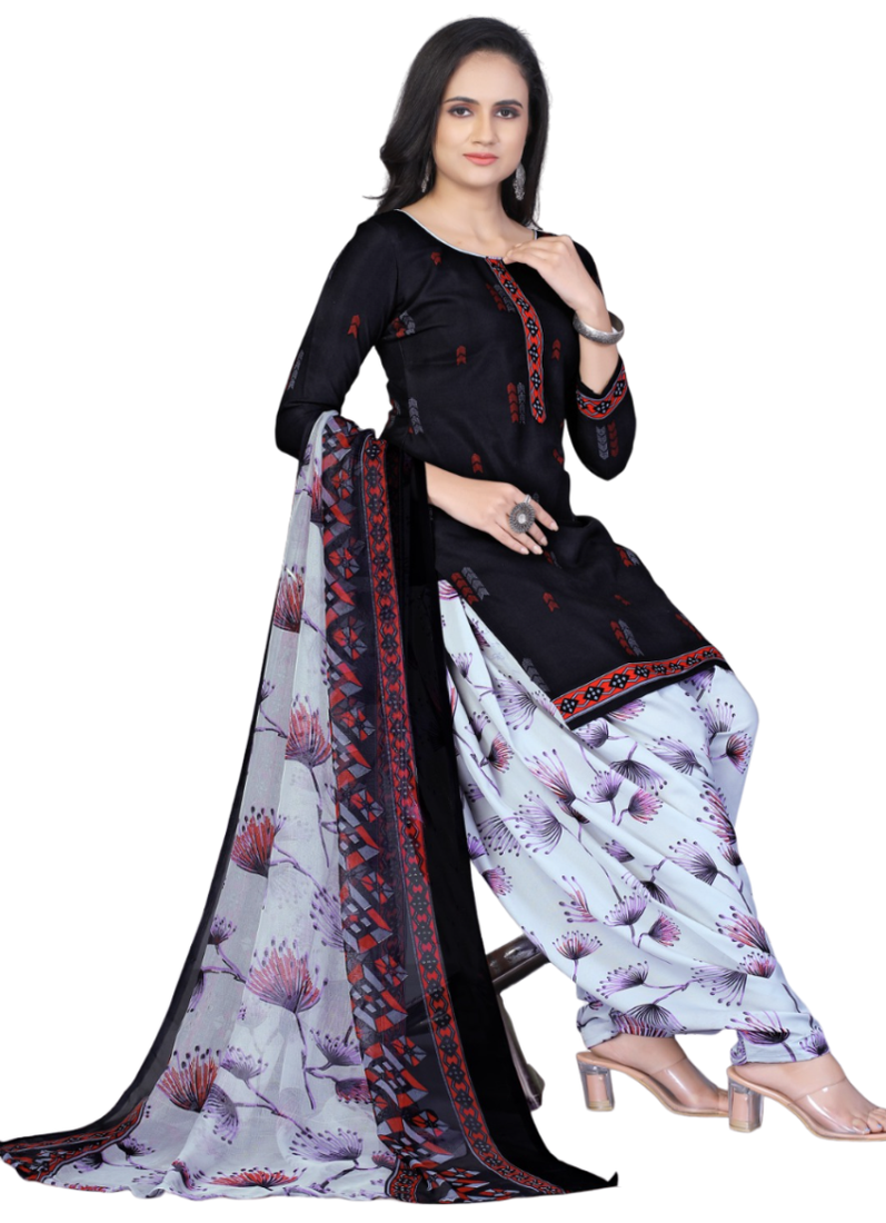Unstitched printed crepe kurta & patiyala dress material with top, bottom & dupatta