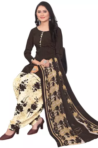 Unstitched printed crepe kurta & patiyala dress material with top, bottom & dupatta
