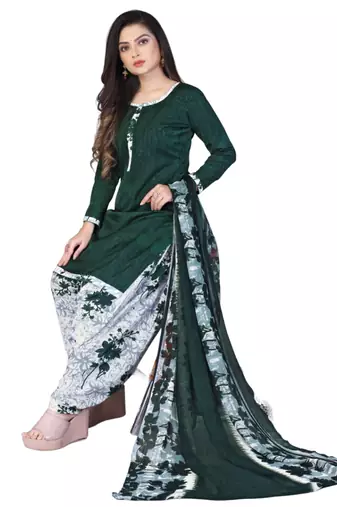 Unstitched printed crepe kurta & patiyala dress material with top, bottom & dupatta