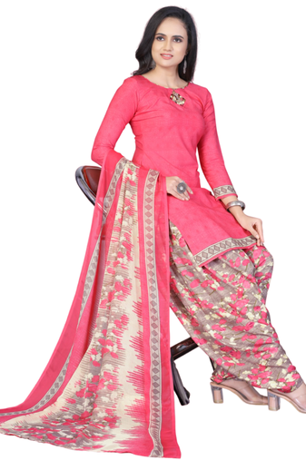 Unstitched printed crepe kurta & patiyala dress material with top, bottom & dupatta