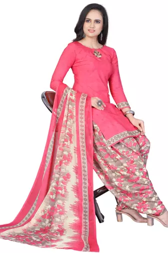 Unstitched printed crepe kurta & patiyala dress material with top, bottom & dupatta