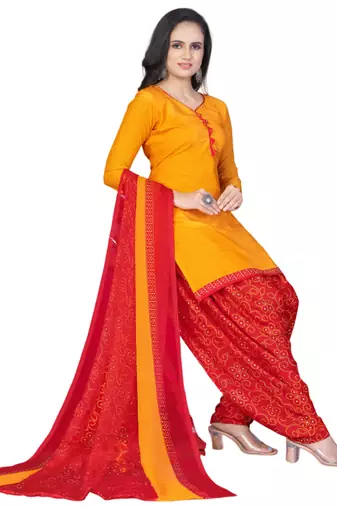 Unstitched printed crepe kurta & patiyala dress material with top, bottom & dupatta