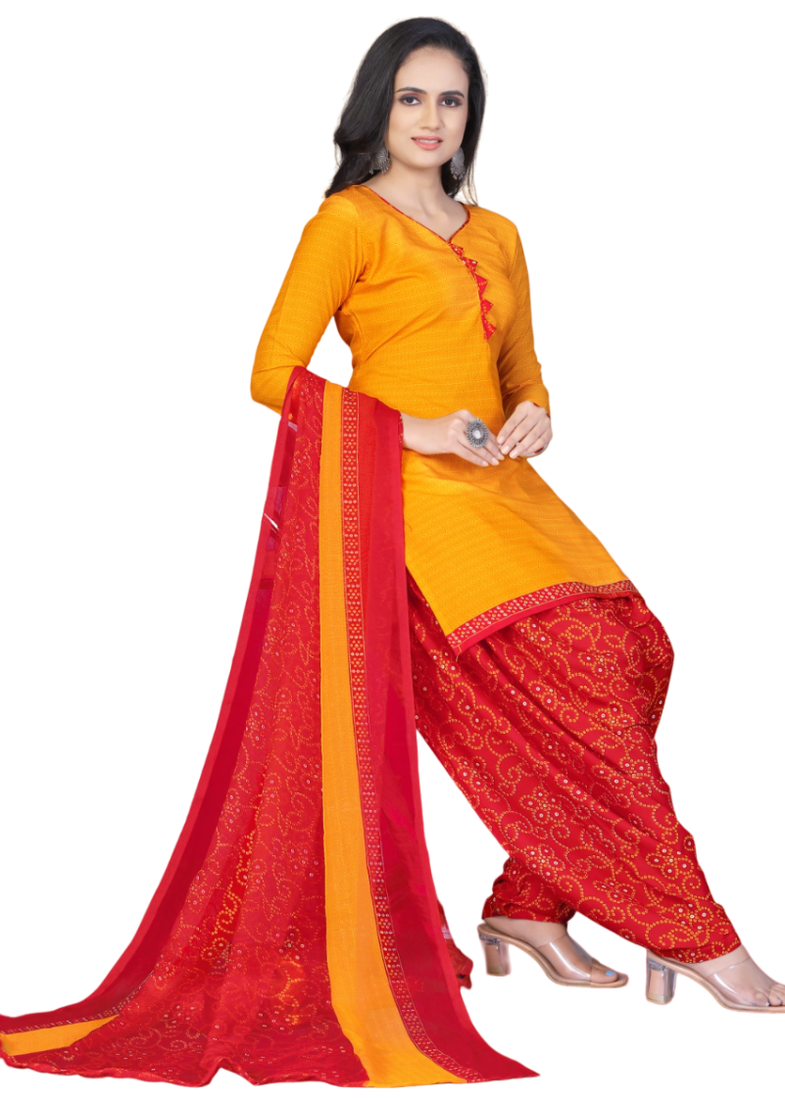 Unstitched printed crepe kurta & patiyala dress material with top, bottom & dupatta