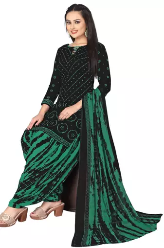 Unstitched printed crepe kurta & patiyala dress material with top, bottom & dupatta