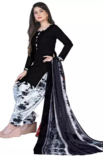 Unstitched printed crepe kurta & patiyala dress material with top, bottom & dupatta