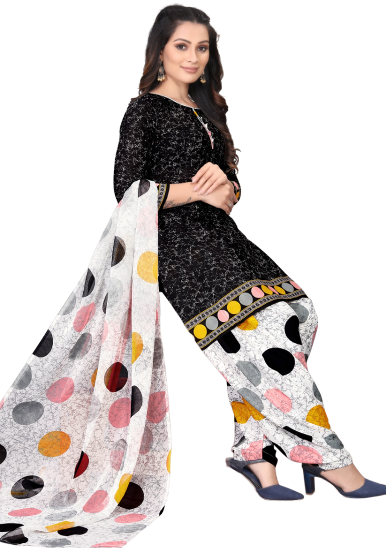 Unstitched printed crepe kurta & patiyala dress material with top, bottom & dupatta
