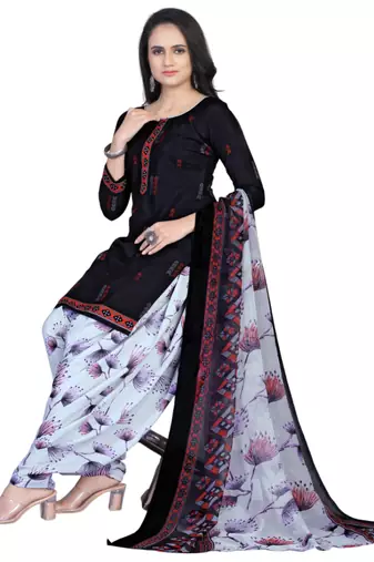 Unstitched printed crepe kurta & patiyala dress material with top, bottom & dupatta