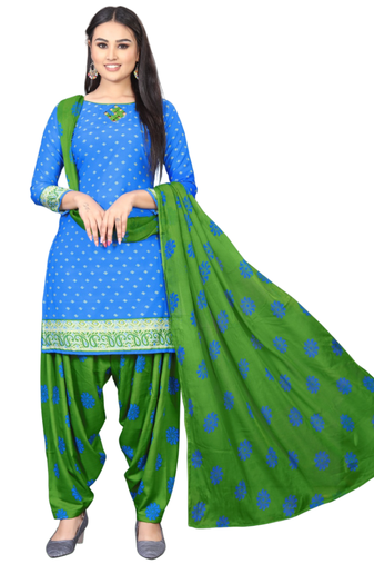 Unstitched printed crepe kurta & patiyala dress material with top, bottom & dupatta