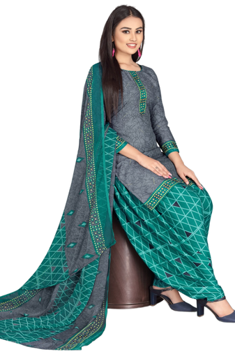 Unstitched printed crepe kurta & patiyala dress material with top, bottom & dupatta