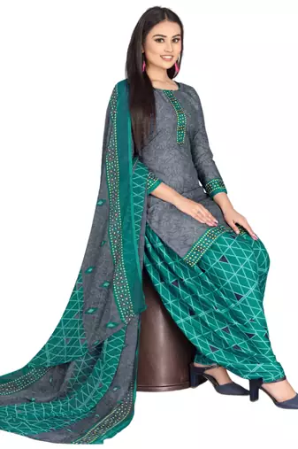 Unstitched printed crepe kurta & patiyala dress material with top, bottom & dupatta