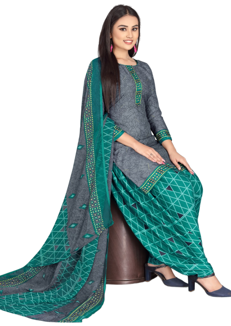 Unstitched printed crepe kurta & patiyala dress material with top, bottom & dupatta