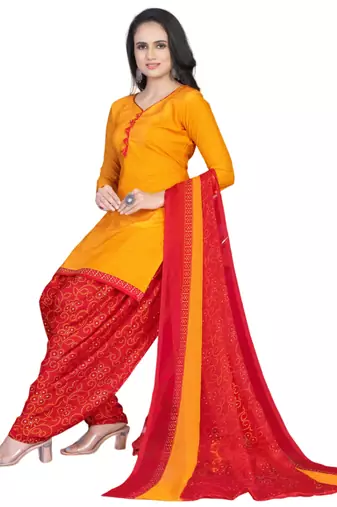 Unstitched printed crepe kurta & patiyala dress material with top, bottom & dupatta