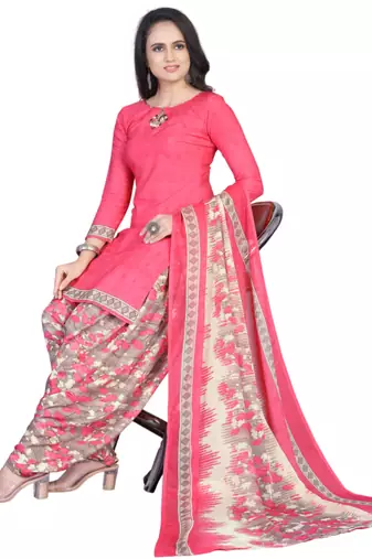 Unstitched printed crepe kurta & patiyala dress material with top, bottom & dupatta