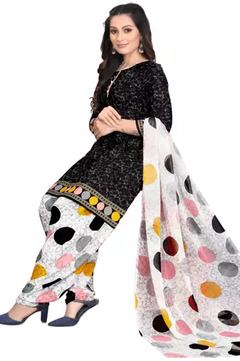 Unstitched printed crepe kurta & patiyala dress material with top, bottom & dupatta