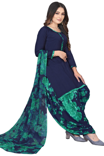 Unstitched printed crepe kurta & patiyala dress material with top, bottom & dupatta