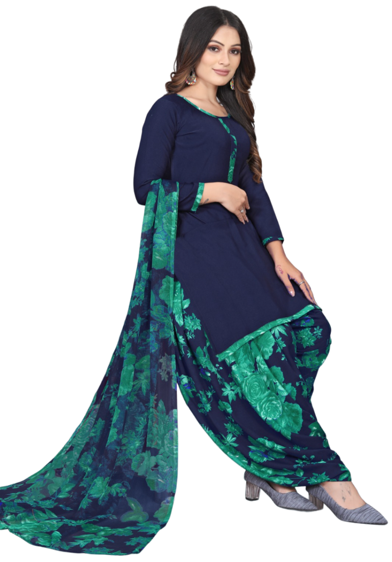 Unstitched printed crepe kurta & patiyala dress material with top, bottom & dupatta