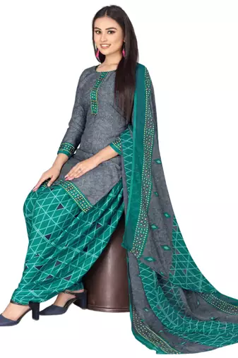 Unstitched printed crepe kurta & patiyala dress material with top, bottom & dupatta