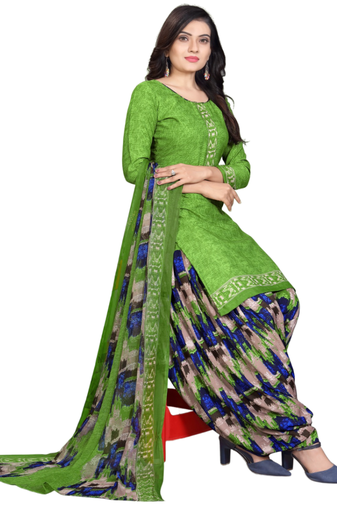 Unstitched printed crepe kurta & patiyala dress material with top, bottom & dupatta