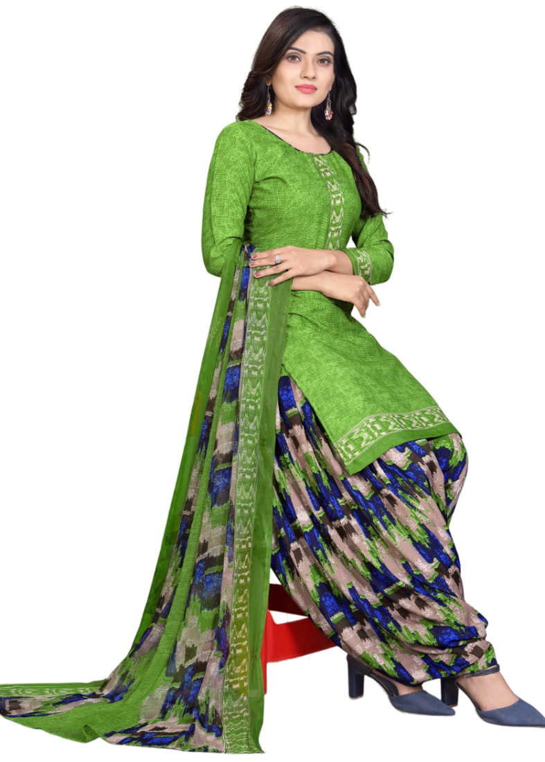 Unstitched printed crepe kurta & patiyala dress material with top, bottom & dupatta