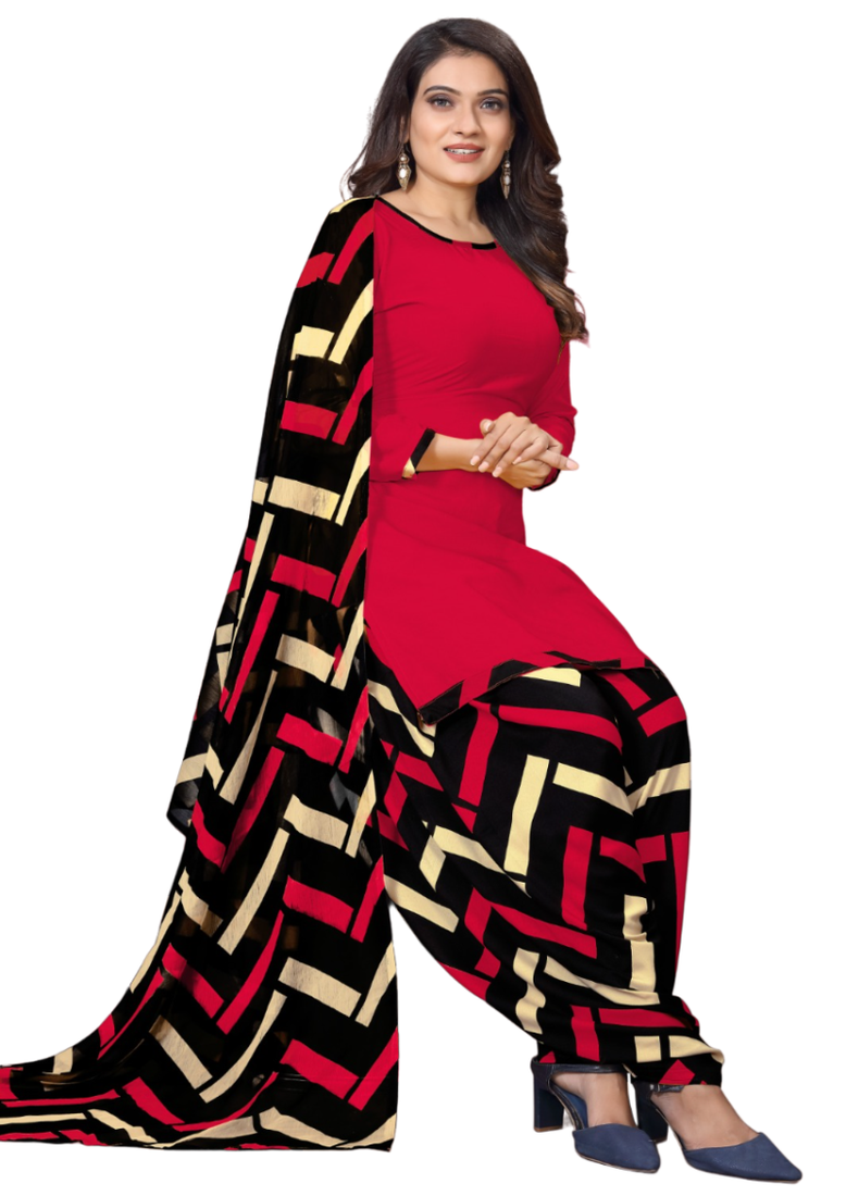 Unstitched printed crepe kurta & patiyala dress material with top, bottom & dupatta