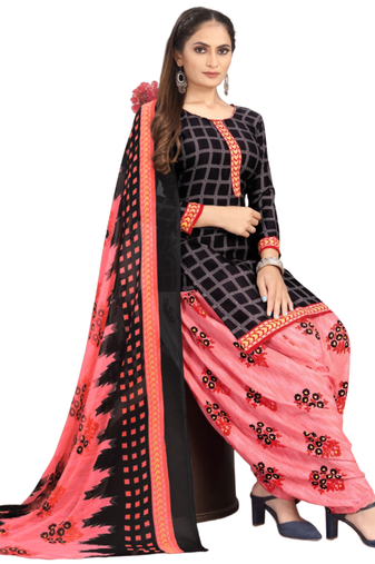 Unstitched printed crepe kurta & patiyala dress material with top, bottom & dupatta