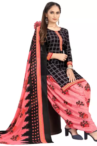 Unstitched printed crepe kurta & patiyala dress material with top, bottom & dupatta