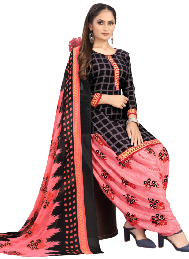 Unstitched printed crepe kurta & patiyala dress material with top, bottom & dupatta