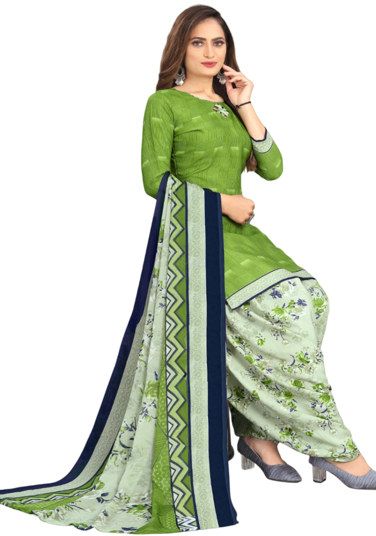 Unstitched printed crepe kurta & patiyala dress material with top, bottom & dupatta