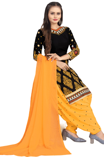 Unstitched printed crepe kurta & patiyala dress material with top, bottom & dupatta