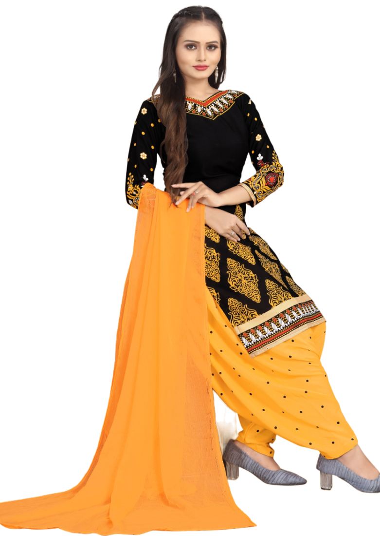 Unstitched printed crepe kurta & patiyala dress material with top, bottom & dupatta