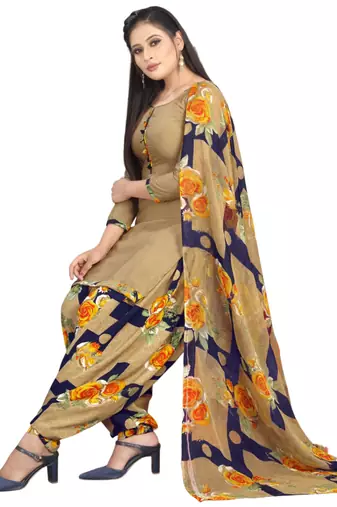 Unstitched printed crepe kurta & patiyala dress material with top, bottom & dupatta