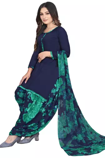 Unstitched printed crepe kurta & patiyala dress material with top, bottom & dupatta