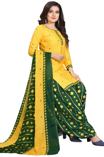 Unstitched printed crepe kurta & patiyala dress material with top, bottom & dupatta