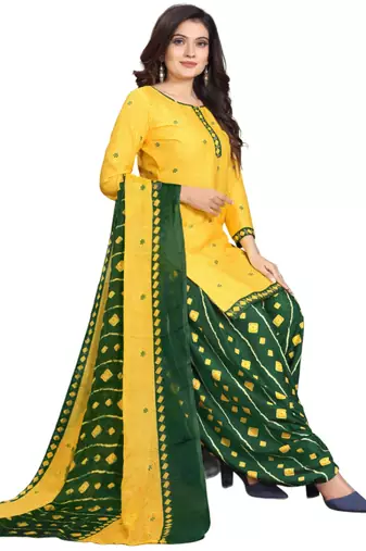 Unstitched printed crepe kurta & patiyala dress material with top, bottom & dupatta