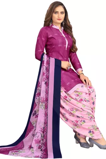 Unstitched printed crepe kurta & patiyala dress material with top, bottom & dupatta