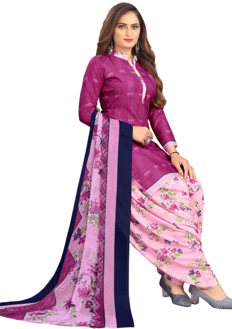 Unstitched printed crepe kurta & patiyala dress material with top, bottom & dupatta