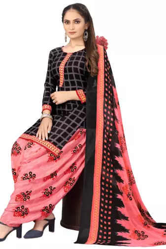 Unstitched printed crepe kurta & patiyala dress material with top, bottom & dupatta