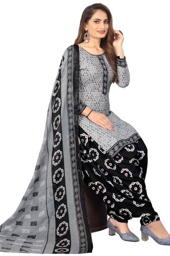 Unstitched printed crepe kurta & patiyala dress material with top, bottom & dupatta