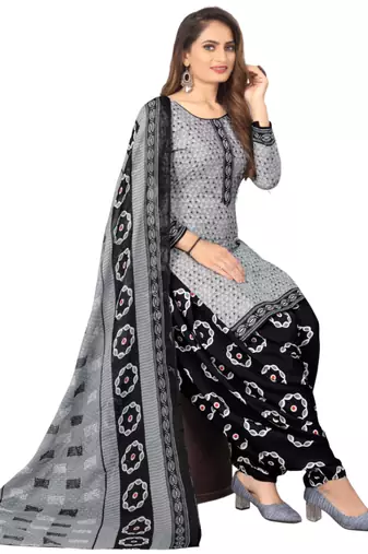 Unstitched printed crepe kurta & patiyala dress material with top, bottom & dupatta