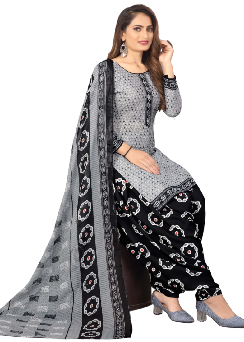 Unstitched printed crepe kurta & patiyala dress material with top, bottom & dupatta