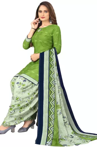 Unstitched printed crepe kurta & patiyala dress material with top, bottom & dupatta