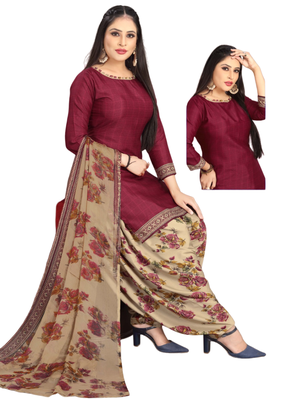 Unstitched printed crepe kurta & patiyala dress material with top, bottom & dupatta 1