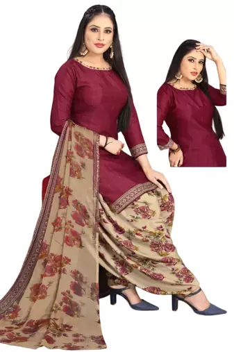 Unstitched printed crepe kurta & patiyala dress material with top, bottom & dupatta