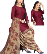 Unstitched printed crepe kurta & patiyala dress material with top, bottom & dupatta